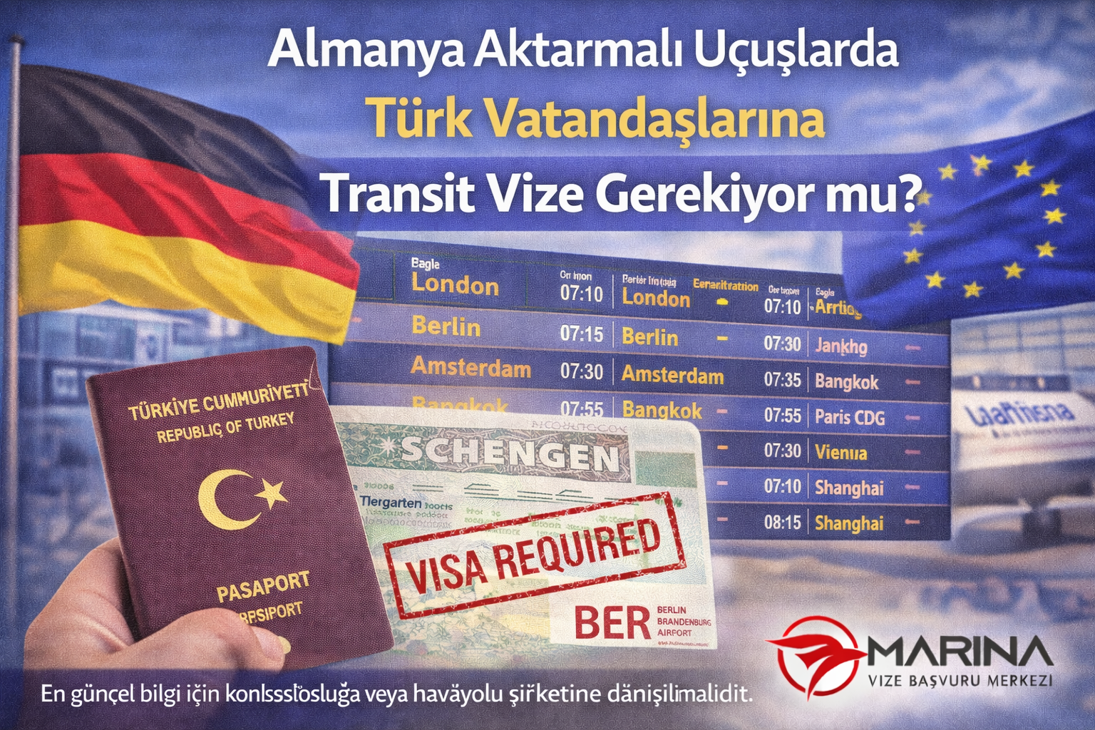 Almanya havalimanında aktarmalı uçuş yapan Türk vatandaşları için transit vize gerekip gerekmediğini anlatan, Almanya bayrağı, pasaport ve uçak görseli bulunan Marina Vize logolu blog görseli