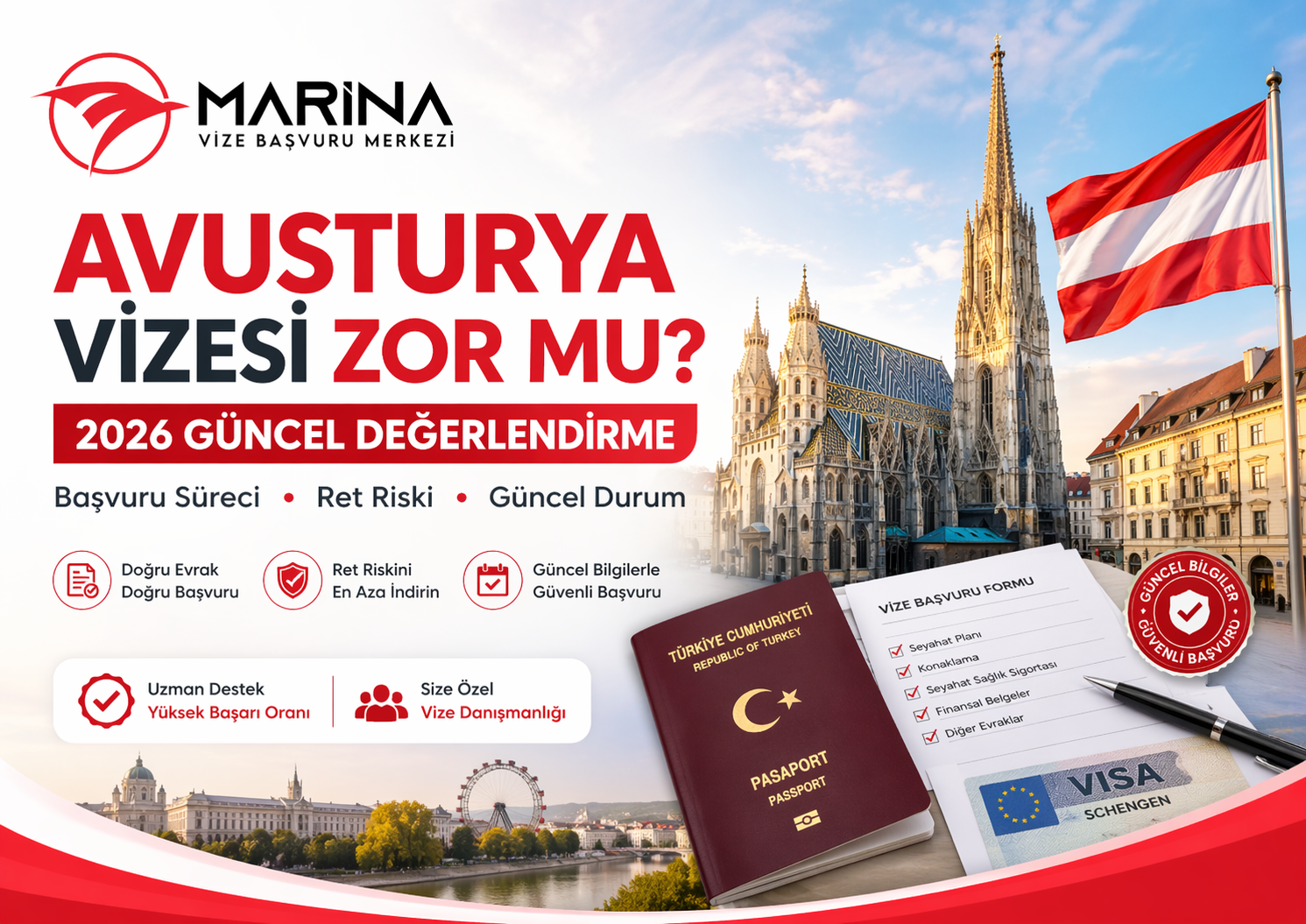 Avusturya vizesi zor mu 2026 konulu, Viyana manzarası, Avusturya bayrağı, pasaport ve Marina Vize Başvuru Merkezi logosu içeren ana sayfa kapak görseli