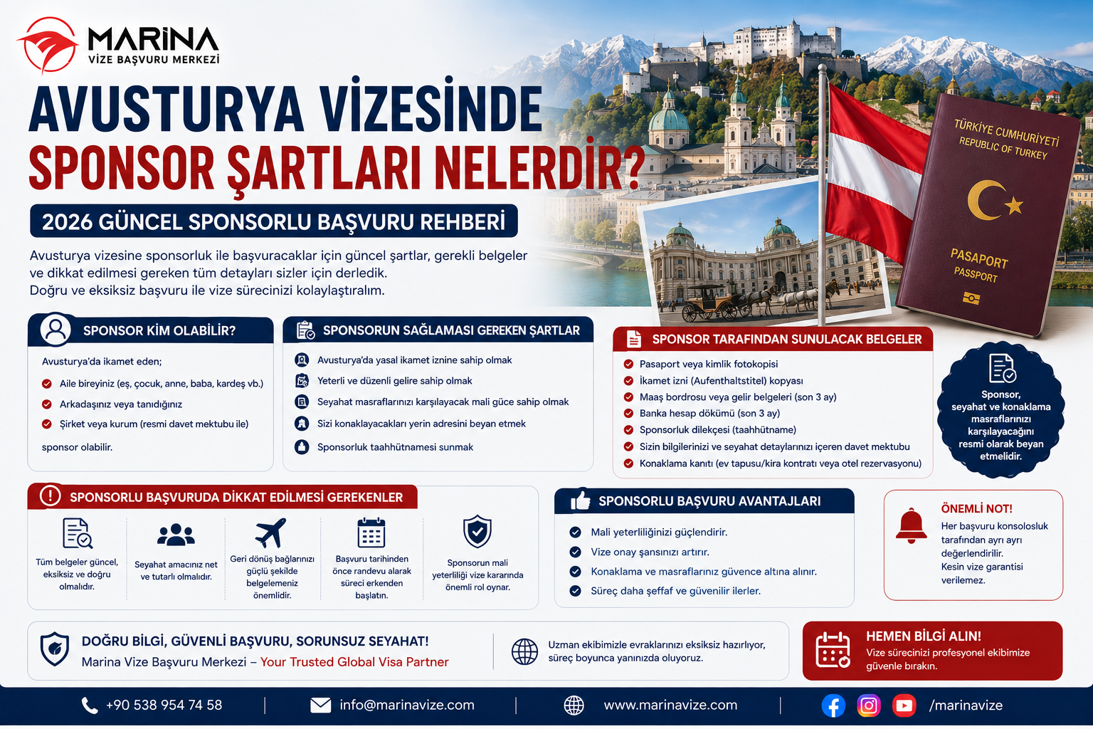 Avusturya vizesi sponsorlu başvurularında 2026 güncel sponsor şartları, gerekli belgeler ve dikkat edilmesi gerekenleri anlatan bilgilendirici Marina Vize görseli