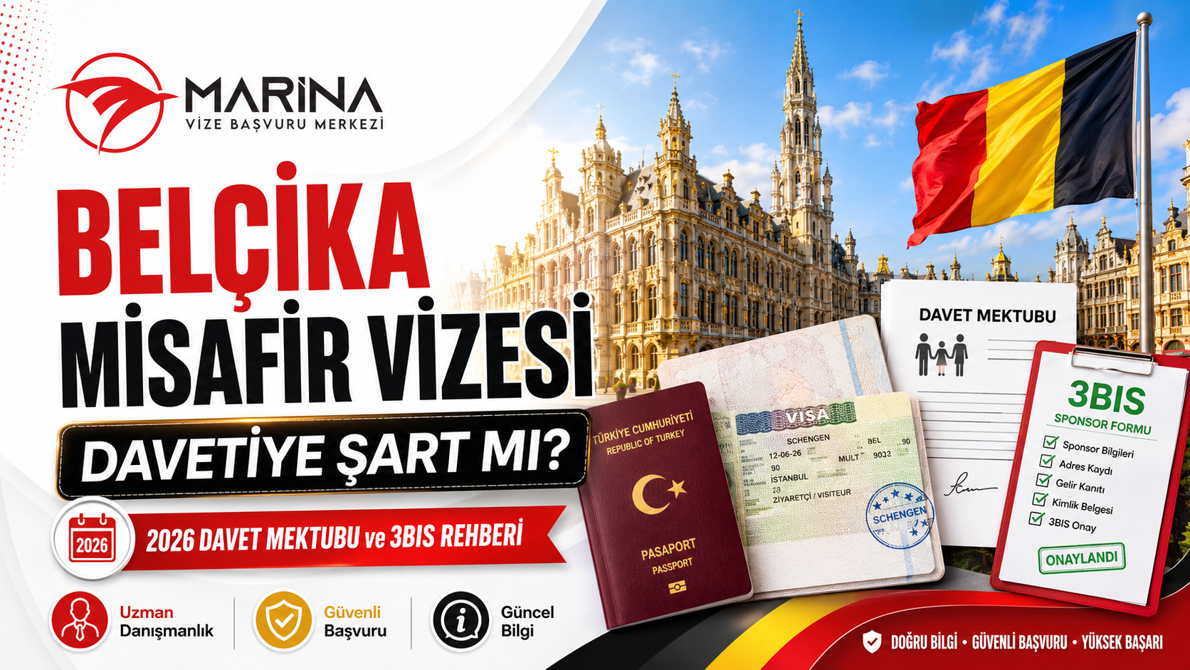 Belçika misafir vizesinde davet mektubu ve 3bis sponsor sürecini anlatan, Brüksel Grand Place manzarası, Belçika bayrağı, pasaport, Schengen vize etiketi ve davet mektubu içeren ana sayfa görseli