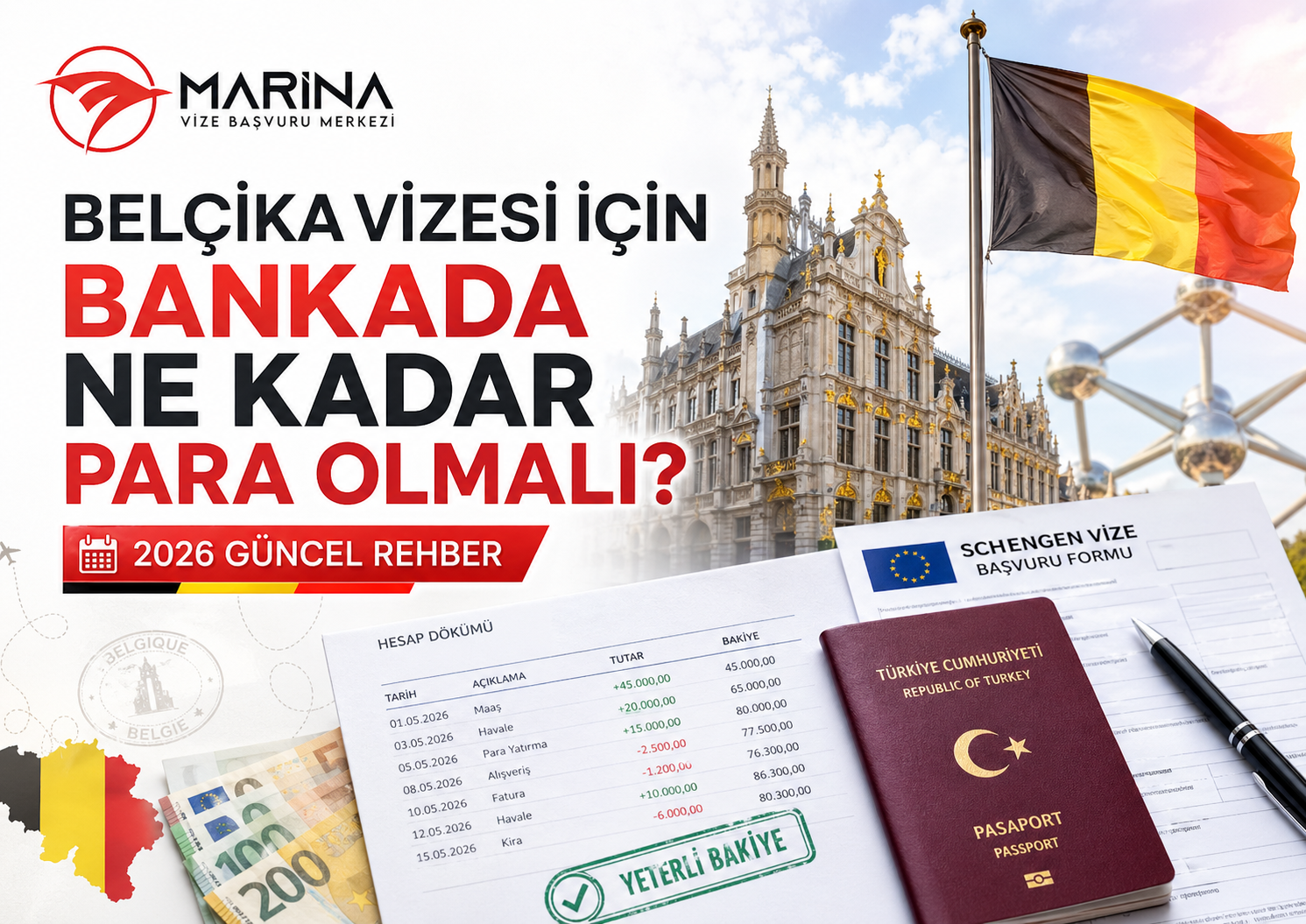 Belçika vizesi için gerekli banka bakiyesi ve finansal yeterlilik konusunu anlatan, euro banknotları, hesap dökümü, pasaport, Schengen başvuru formu