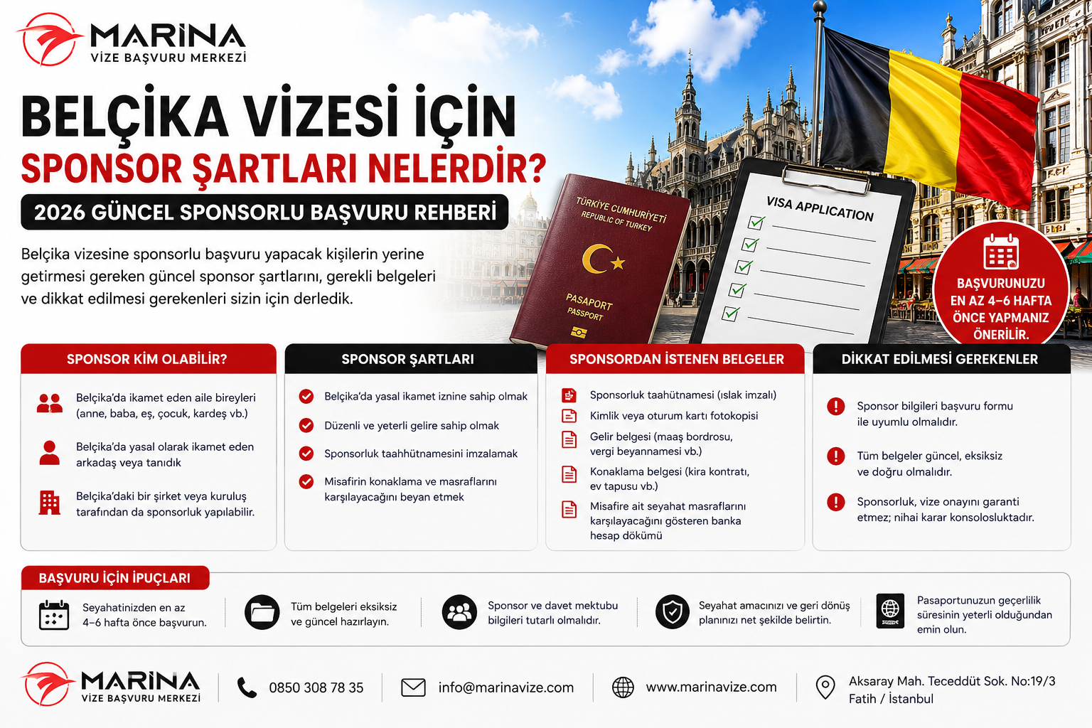 Belçika vizesi sponsorlu başvurularında 2026 güncel sponsor şartları, sponsor evrakları ve dikkat edilmesi gerekenleri anlatan Marina Vize rehber görseli