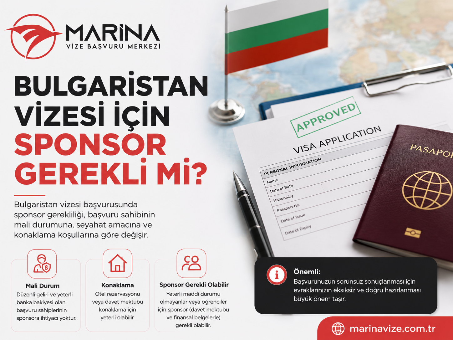 Bulgaristan vizesi başvurusunda sponsor gerekliliği, mali durum, konaklama ve başvuru evraklarını anlatan Marina Vize Başvuru Merkezi kapak görseli.