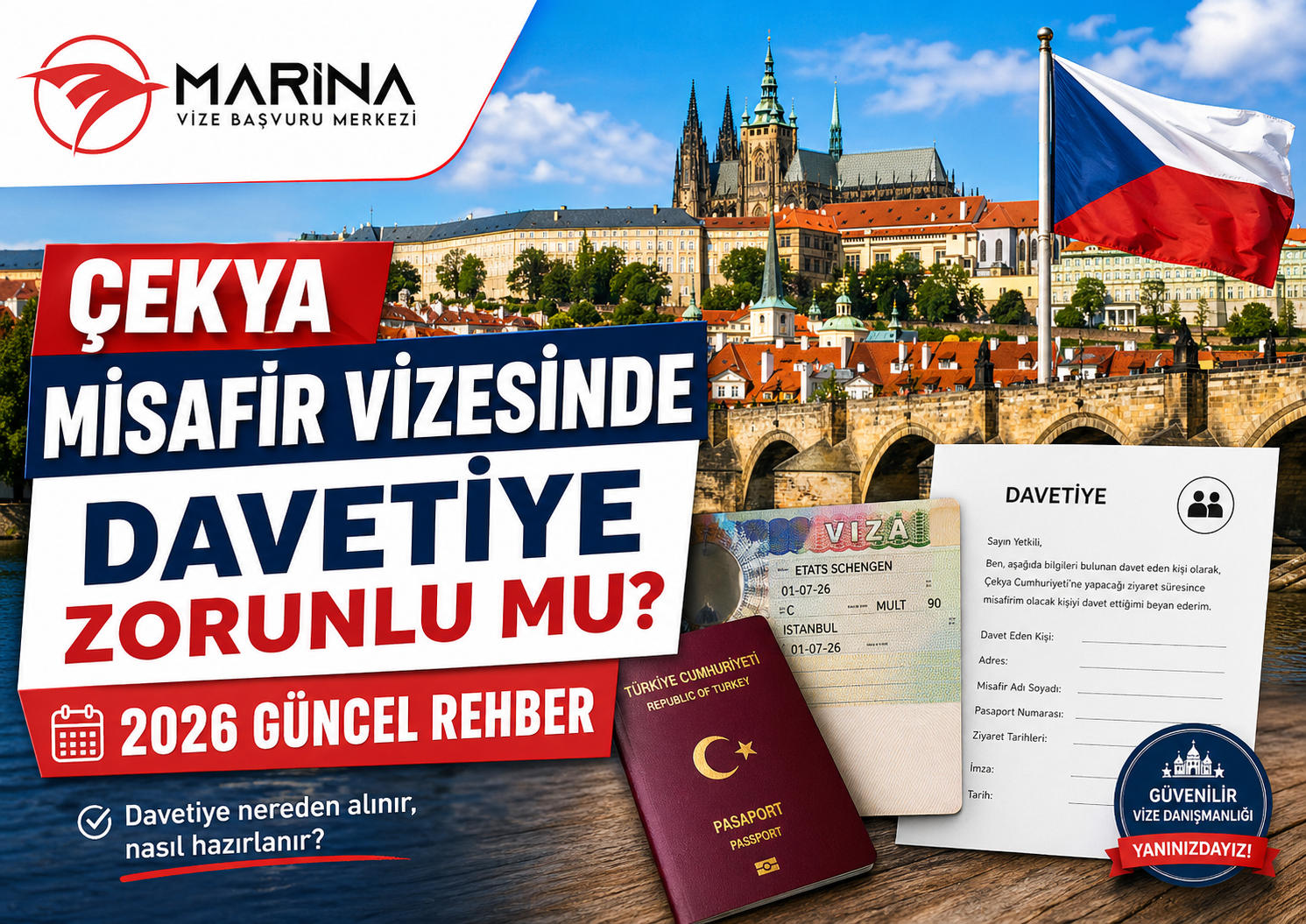 Çekya misafir vizesinde davetiye zorunluluğunu anlatan, Prag Kalesi, Charles Köprüsü, Çekya bayrağı, pasaport, vize etiketi ve Marina Vize Başvuru Merkezi logosu içeren ana sayfa görseli