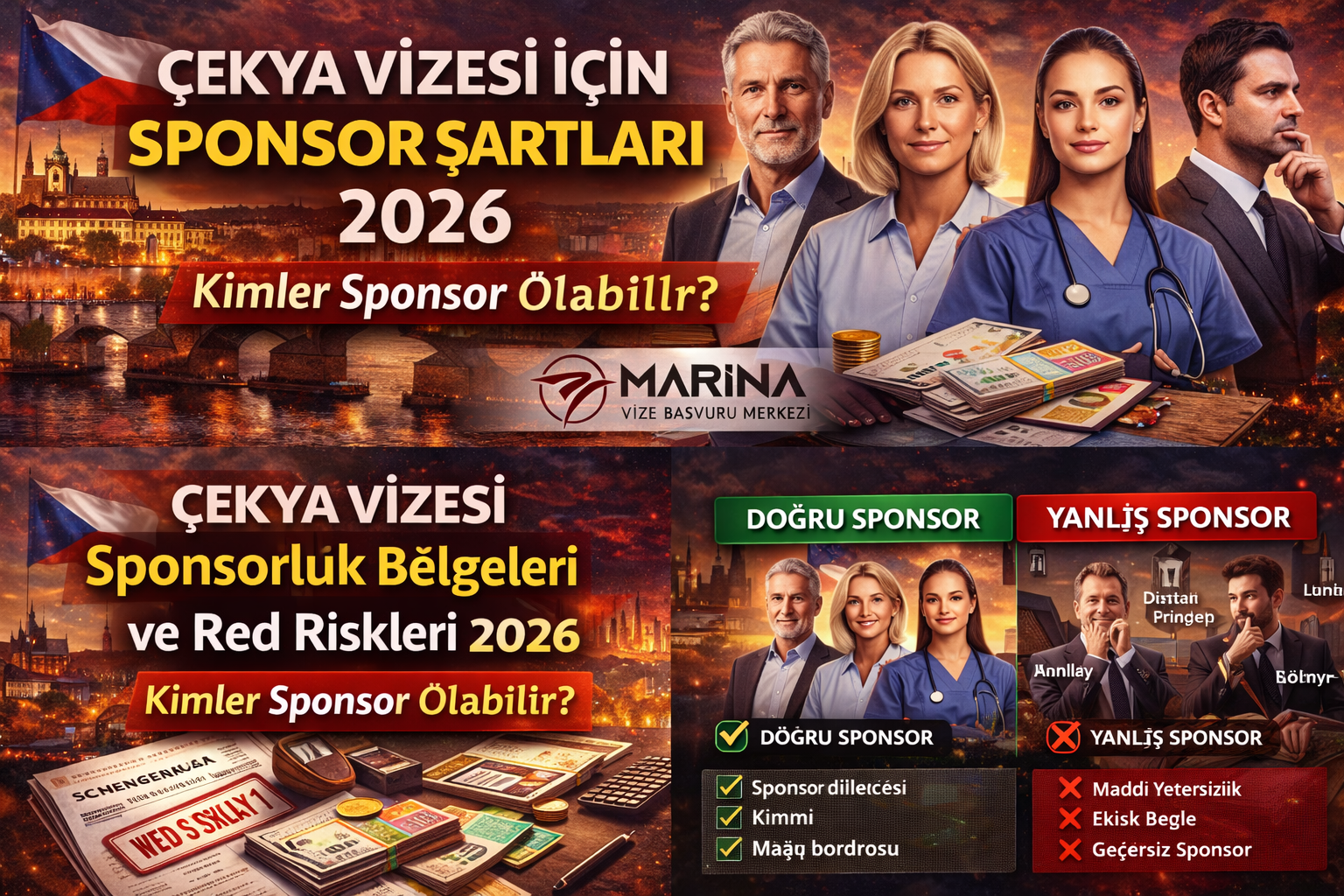 Prag Schengen başvurusunda sponsor dilekçesi, banka dökümü, maaş bordrosu ve yanlış sponsor kaynaklı red risklerini anlatan görsel