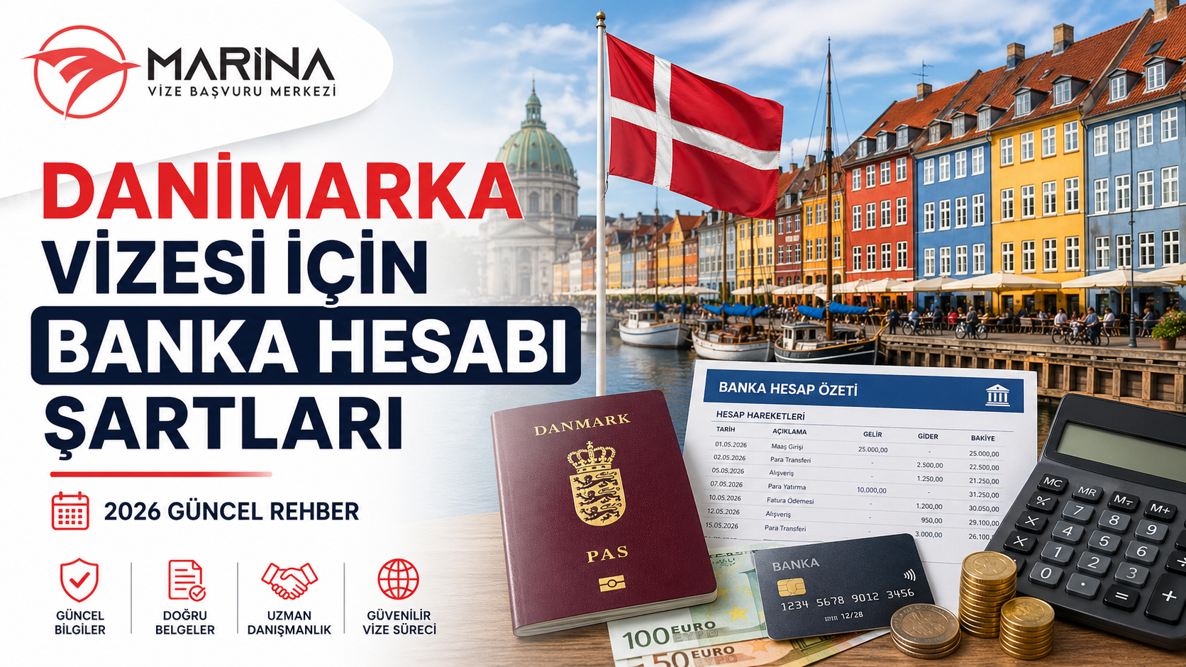 Danimarka vizesi için banka hesabı şartlarını anlatan, Kopenhag manzarası, Danimarka bayrağı, pasaport, banka hesap özeti, hesap makinesi ve Marina Vize Başvuru Merkezi logosu içeren ana sayfa kapak görseli
