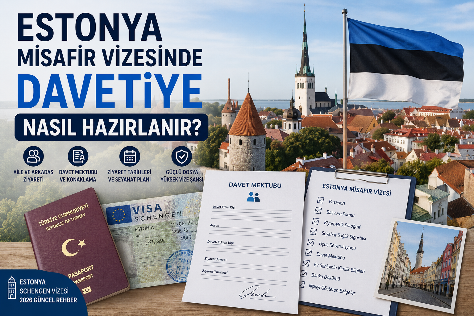 Estonya misafir vizesinde davetiye hazırlama sürecini anlatan, Tallinn eski şehir manzarası, Estonya bayrağı, pasaport, Schengen vize etiketi ve davet mektubu içeren ana sayfa görseli