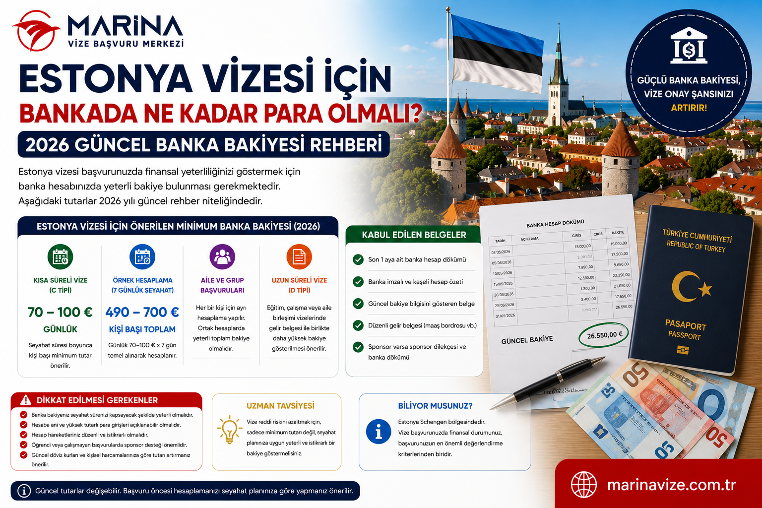 Estonya vizesi başvurusu için gerekli banka bakiyesi, önerilen minimum tutar, banka hesap dökümü, finansal yeterlilik ve kabul edilen belgeleri anlatan Marina Vize Başvuru Merkezi kapak görseli.