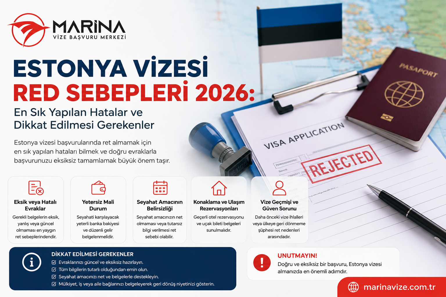 Estonya vizesi başvurularında red sebeplerini, eksik evrak, yetersiz mali durum, seyahat amacı belirsizliği ve konaklama belgelerini anlatan Marina Vize Başvuru Merkezi kapak görseli.
