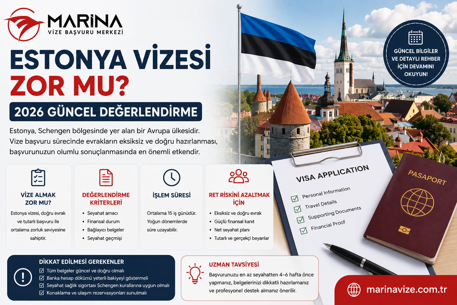 Estonya vizesi başvuru sürecinde zorluk seviyesi, değerlendirme kriterleri, işlem süresi, ret riskini azaltma yolları ve gerekli belgeleri anlatan Marina Vize Başvuru Merkezi kapak görseli.
