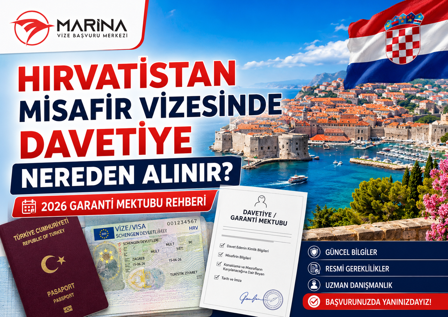 Hırvatistan misafir vizesinde garanti mektubu sürecini anlatan, Dubrovnik manzarası, Hırvatistan bayrağı, pasaport, Schengen vize etiketi ve davetiye belgesi içeren ana sayfa görseli