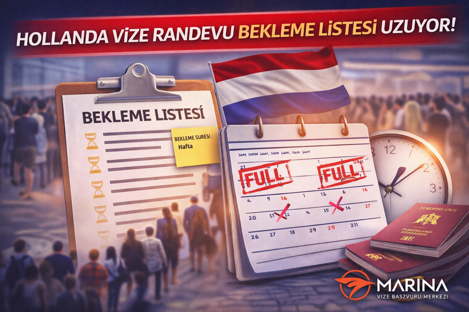 Hollanda vize randevu bekleme listesi uzuyor görseli, dolu takvim ve yoğun başvuru teması