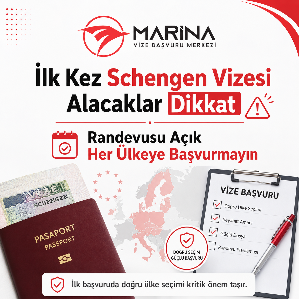 İlk kez Schengen vizesi alacak kişiler için doğru ülke seçiminin önemini anlatan, randevusu açık her ülkeye başvuru yapılmaması gerektiğini vurgulayan Marina Vize görseli.