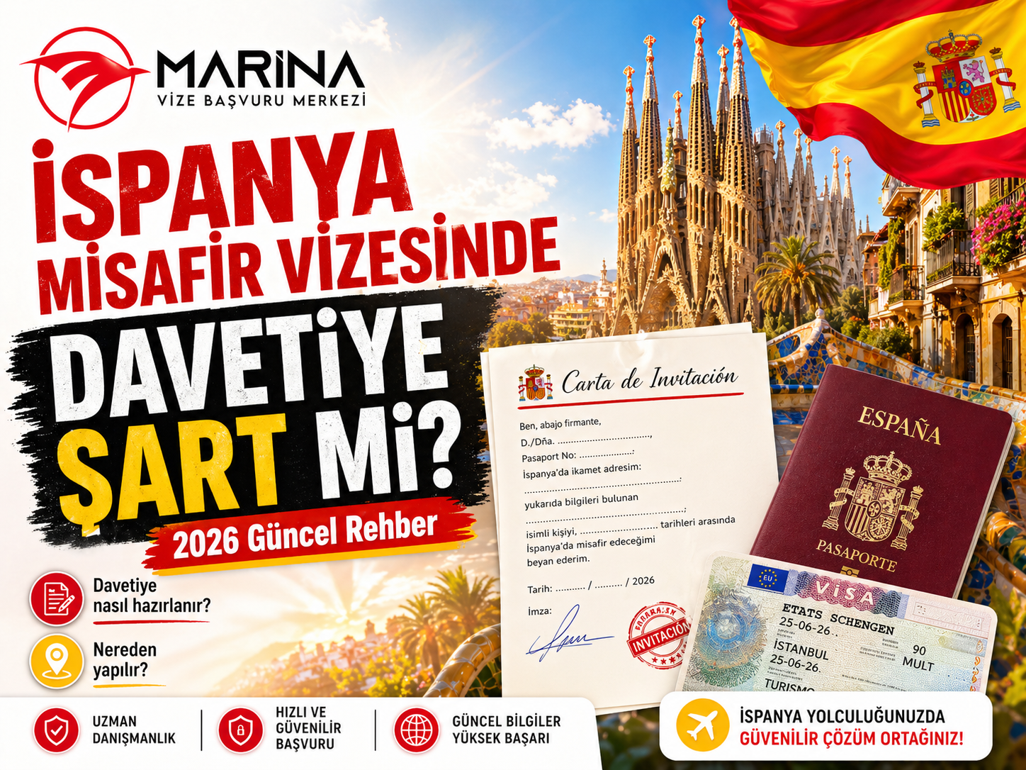 İspanya misafir vizesinde davetiye şartını anlatan, Barcelona manzarası, İspanya bayrağı, Schengen vize etiketi ve carta de invitación belgesi içeren ana sayfa görseli