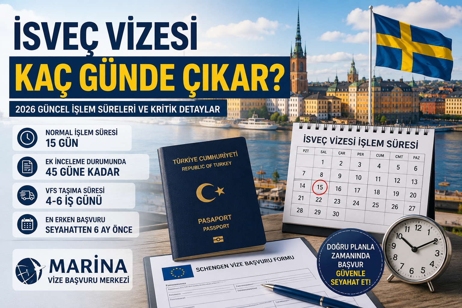 Stockholm manzarası, İsveç bayrağı, pasaport, takvim ve Schengen başvuru formuyla hazırlanmış İsveç vizesi işlem süresi ana sayfa görseli