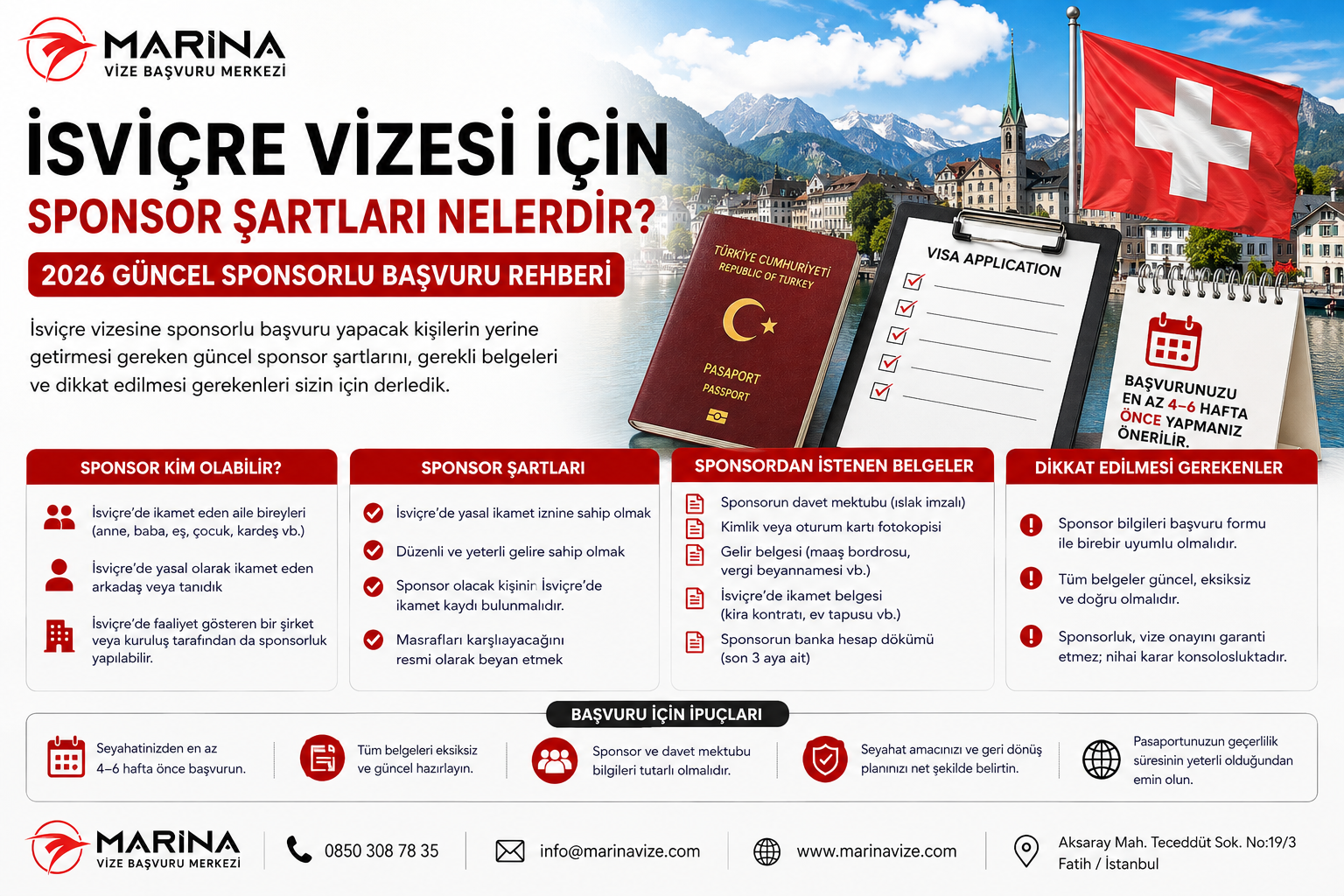 İsviçre vizesi sponsorlu başvurularında 2026 güncel sponsor şartları, gerekli sponsor evrakları ve dikkat edilmesi gerekenleri anlatan Marina Vize rehber görseli