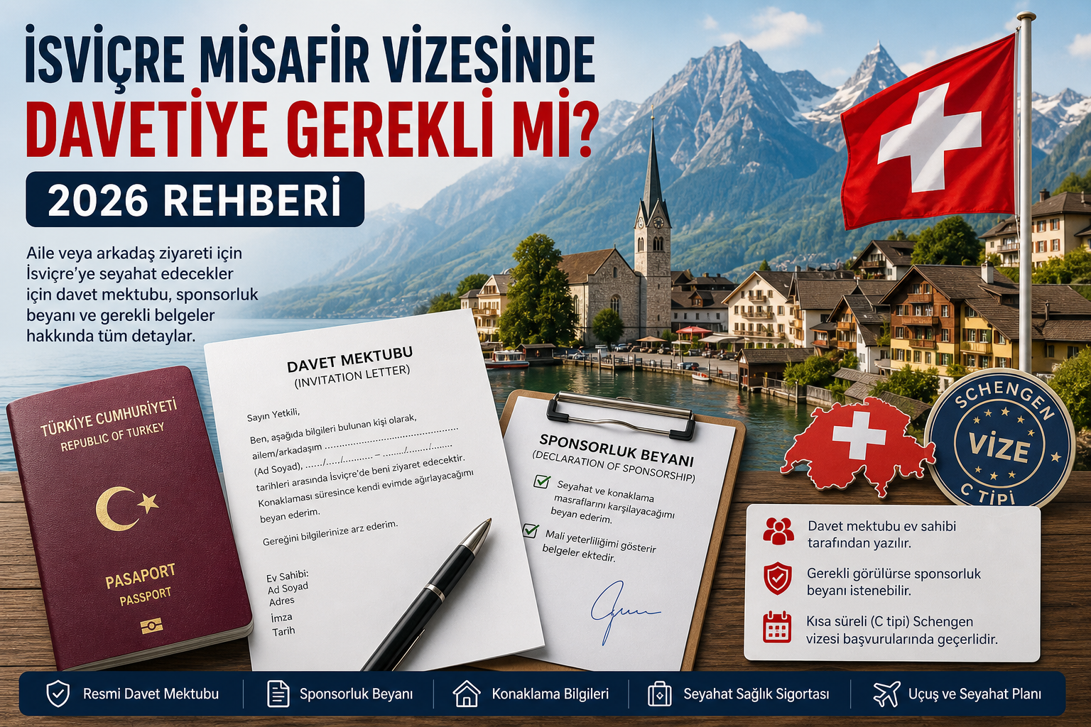 İsviçre ziyaret vizesinde davet mektubu gerekliliğini anlatan, İsviçre bayrağı, Alp dağları, Zürih manzarası, pasaport ve Marina Vize Başvuru Merkezi logosu içeren ana sayfa görseli