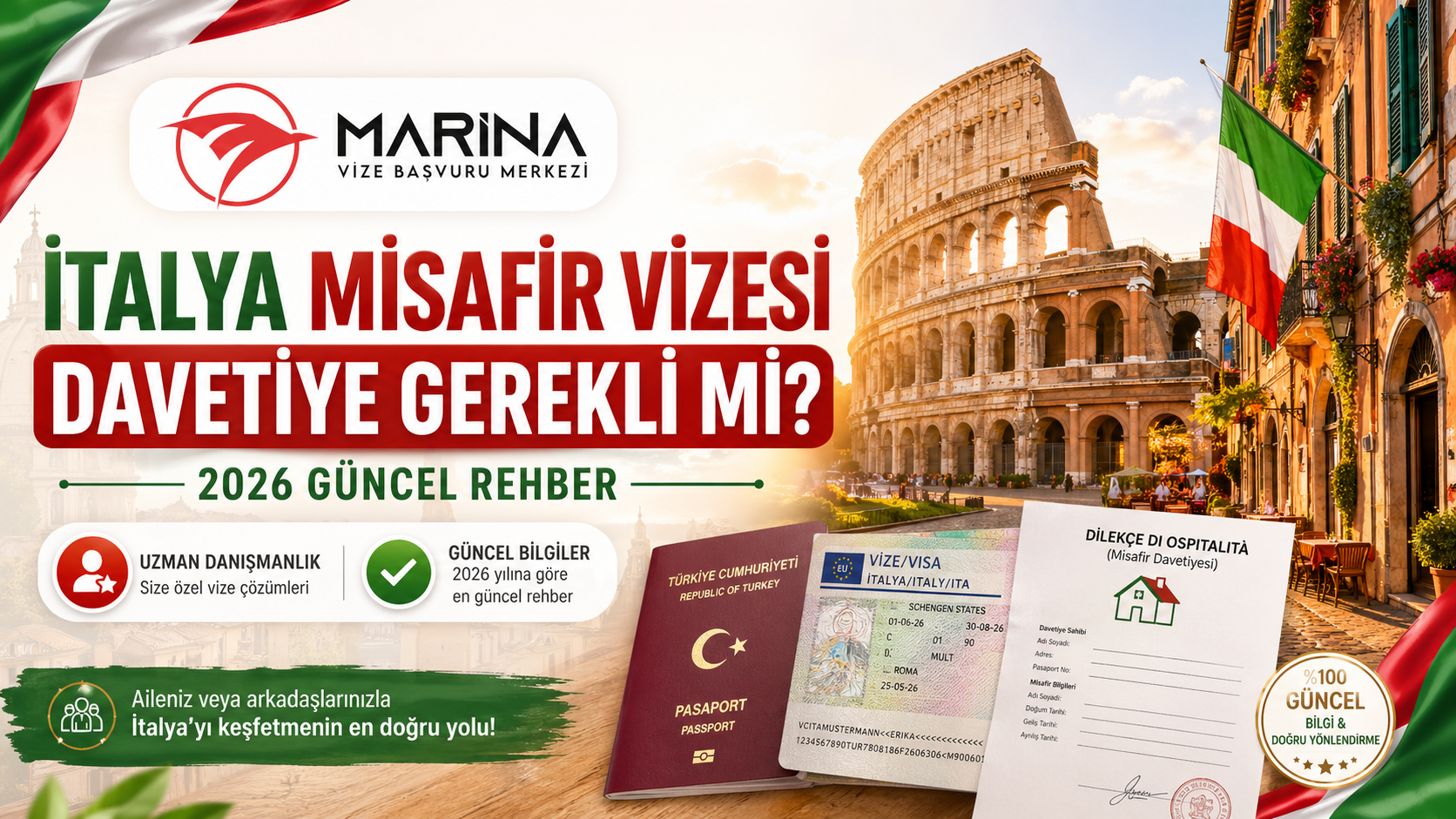 İtalya aile ve arkadaş ziyareti vizesinde davetiye gerekliliğini anlatan, Roma manzarası, İtalya bayrağı, pasaport, Schengen vize etiketi ve dichiarazione di ospitalità belgesi içeren ana sayfa görseli