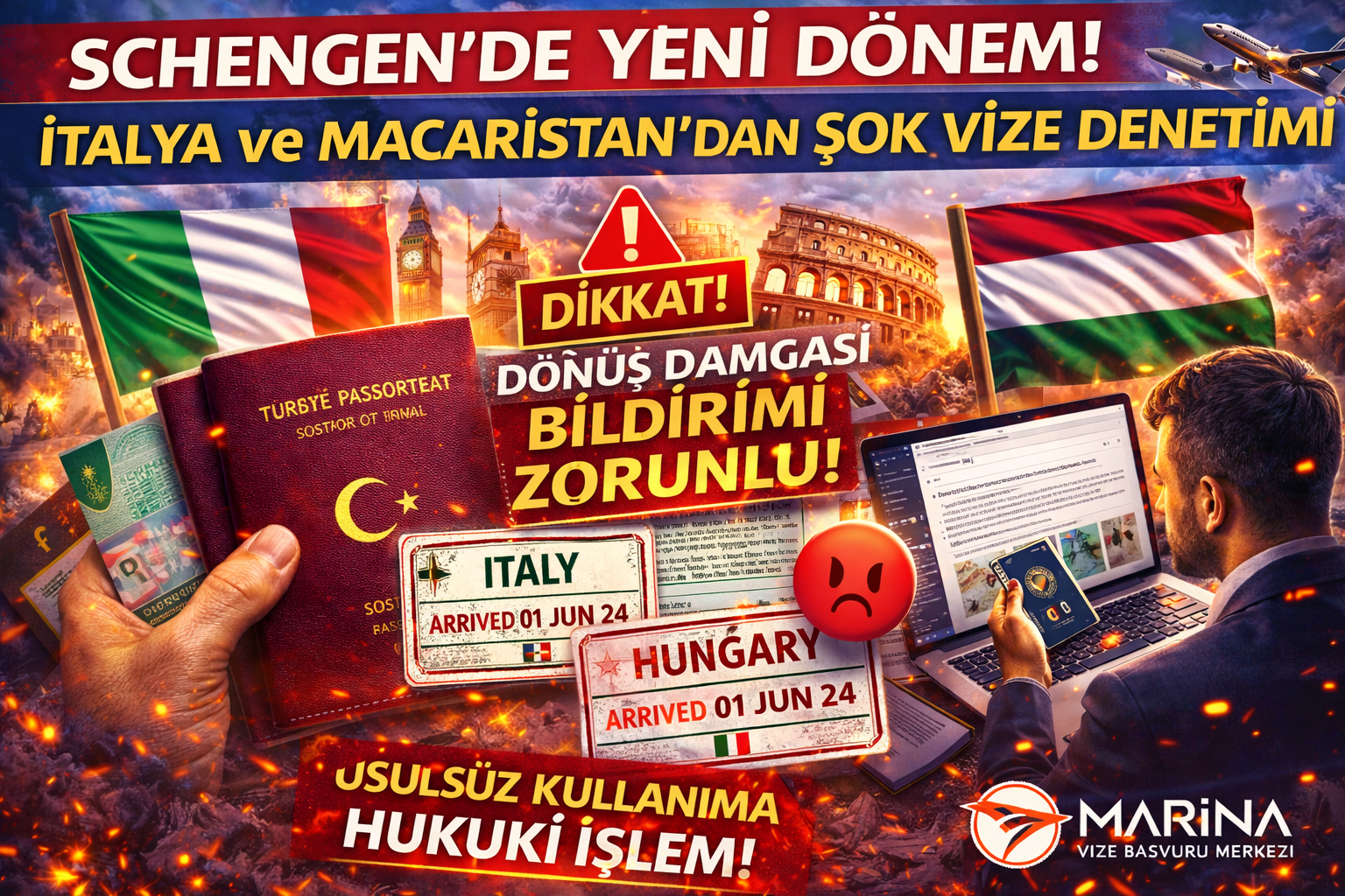 İtalya ve Macaristan Schengen vizesi denetimi, dönüş damgası bildirimi zorunluluğu, beyaz zeminli Marina Vize Başvuru Merkezi logolu haber görseli