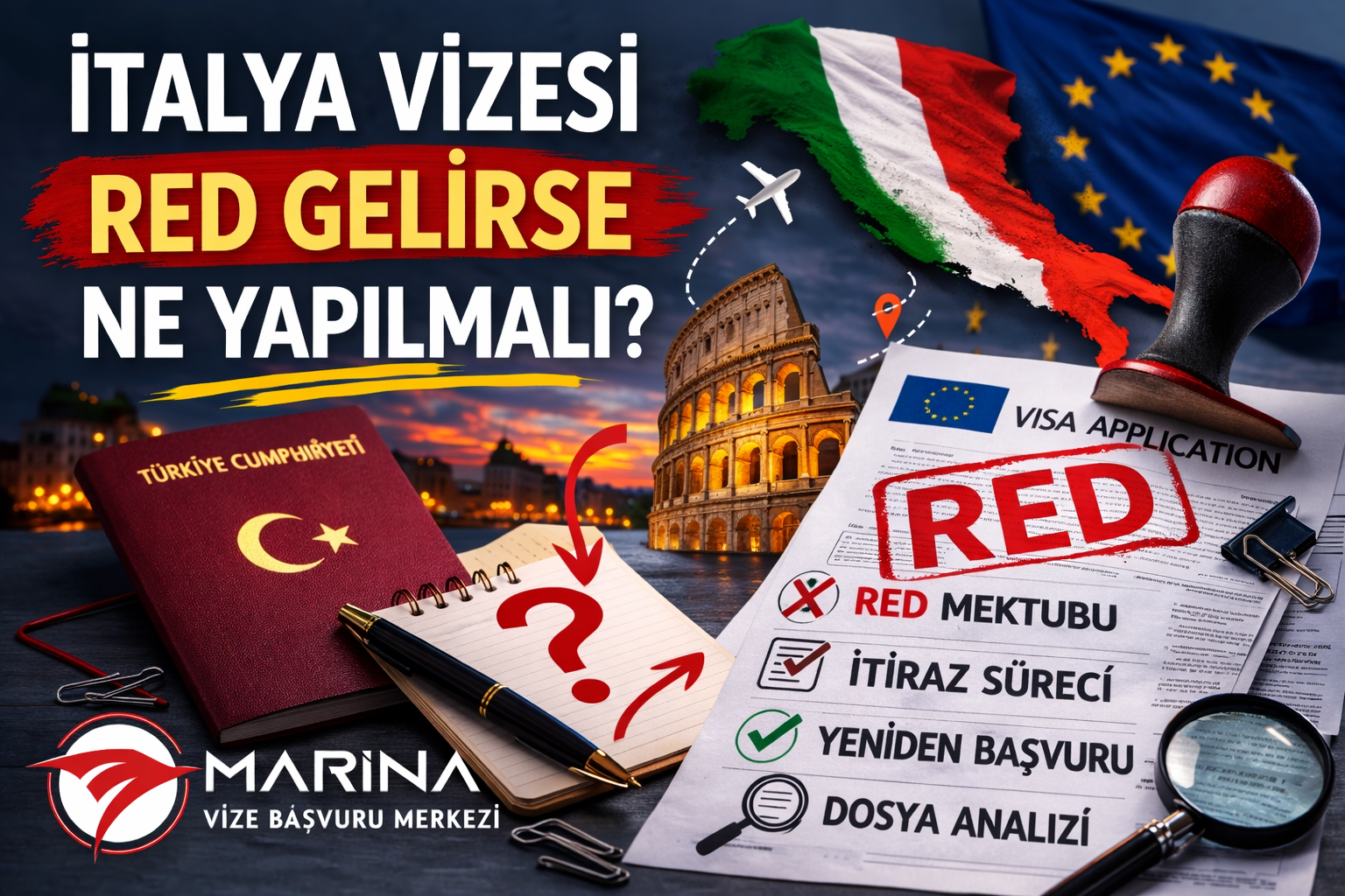 İtalya vizesi reddedildiğinde izlenecek itiraz süreci ve yeniden başvuru adımlarını anlatan 2026 güncel rehber görseli