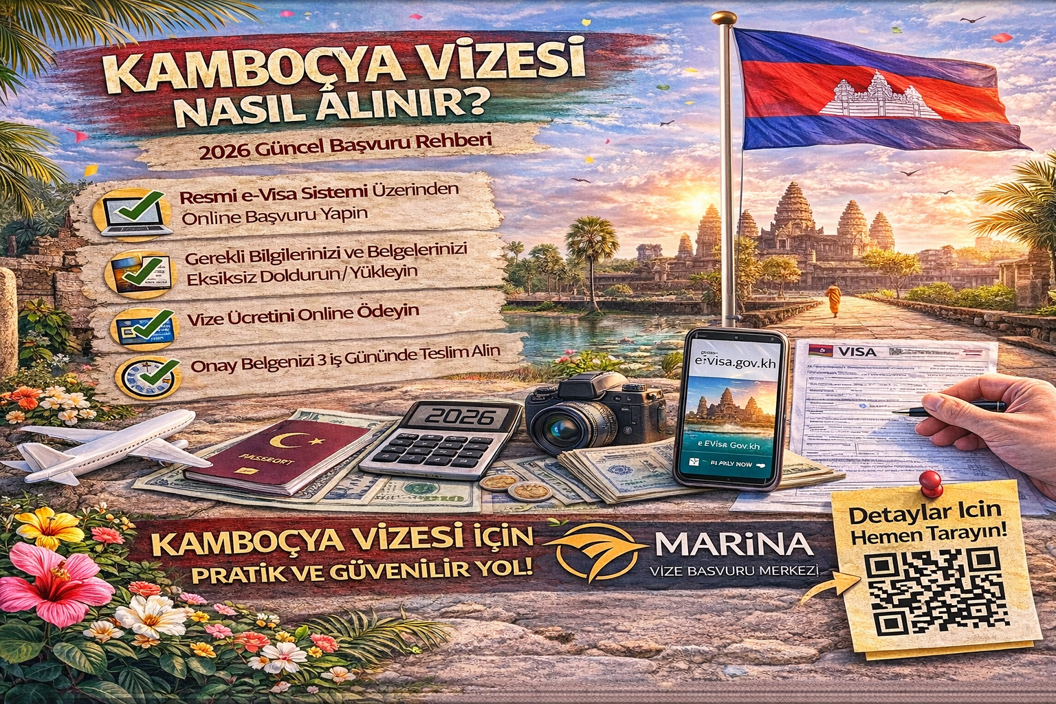 Kamboçya vizesi nasıl alınır? 2026 güncel rehberde e-Visa başvurusu, işlem süresi, giriş noktaları ve kritik detayları öğrenin.