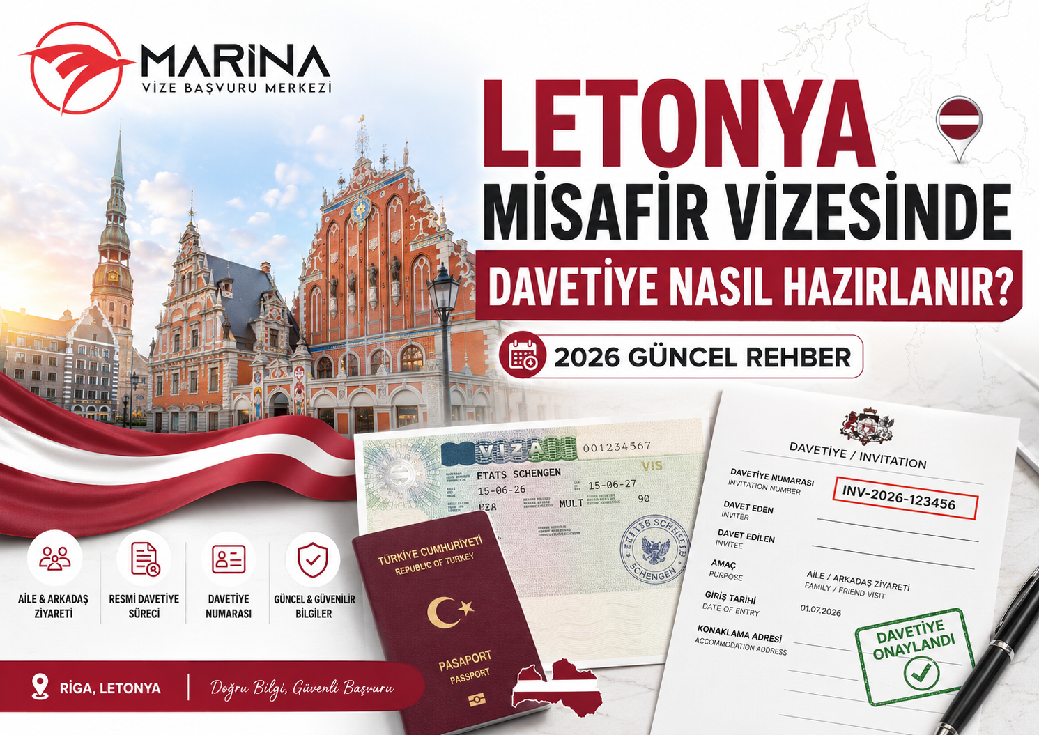 Letonya misafir vizesinde davetiye hazırlama sürecini anlatan, Riga Eski Şehir manzarası, Letonya bayrağı, pasaport, Schengen vize etiketi ve onaylı davetiye belgesi içeren ana sayfa görseli
