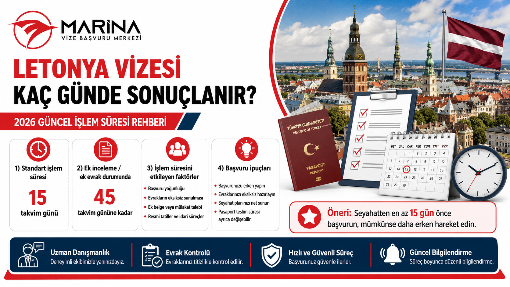 Letonya vizesi başvurularında 2026 güncel işlem süresi, standart sonuçlanma süresi, ek evrak talebi ve başvuru sürecini etkileyen faktörleri anlatan Marina Vize rehber görseli