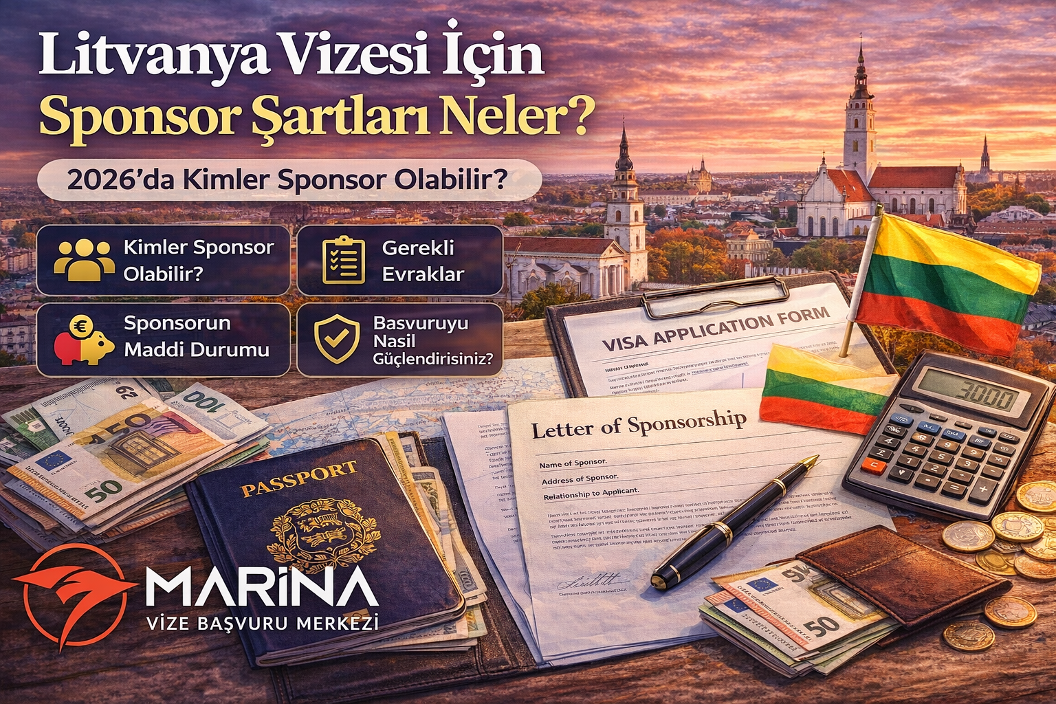 Vilnius manzarası önünde sponsorluk dilekçesi, pasaport, para ve Litvanya bayrağıyla hazırlanmış Litvanya vizesi sponsor şartları ana sayfa görseli