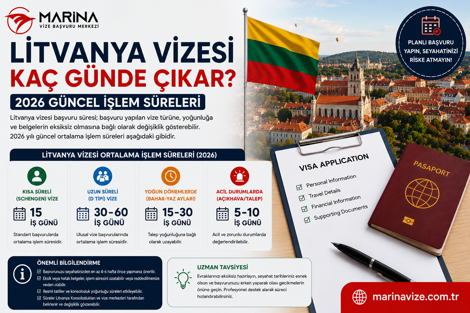 Litvanya vizesi başvuru süresi, kısa süreli Schengen vizesi, yoğun dönemler, acil durumlar ve ortalama işlem sürelerini anlatan Marina Vize Başvuru Merkezi kapak görseli.