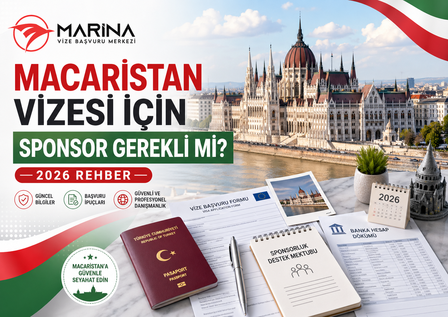 Macaristan vizesi için sponsor gerekliliğini anlatan, Budapeşte Parlamento Binası, pasaport, sponsorluk destek mektubu, banka hesap dökümü