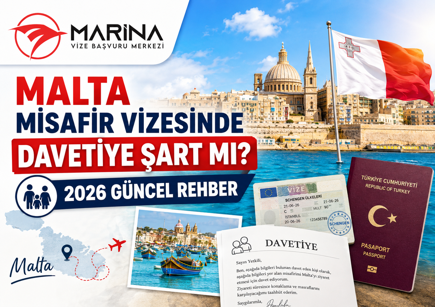 Malta misafir vizesinde davetiye şartını anlatan, Valletta manzarası, Malta bayrağı, pasaport, Schengen vize etiketi ve davet mektubu içeren ana sayfa görseli