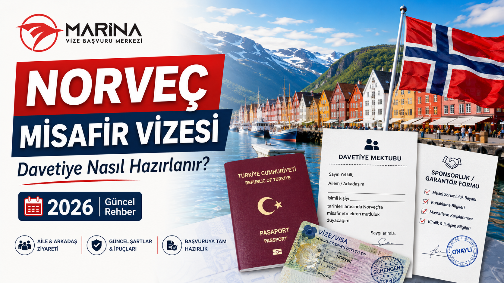 Norveç misafir vizesinde davet mektubu ve sponsorluk formu sürecini anlatan, Bergen manzarası, Norveç bayrağı, pasaport, Schengen vize etiketi ve davetiye belgesi içeren ana sayfa görseli