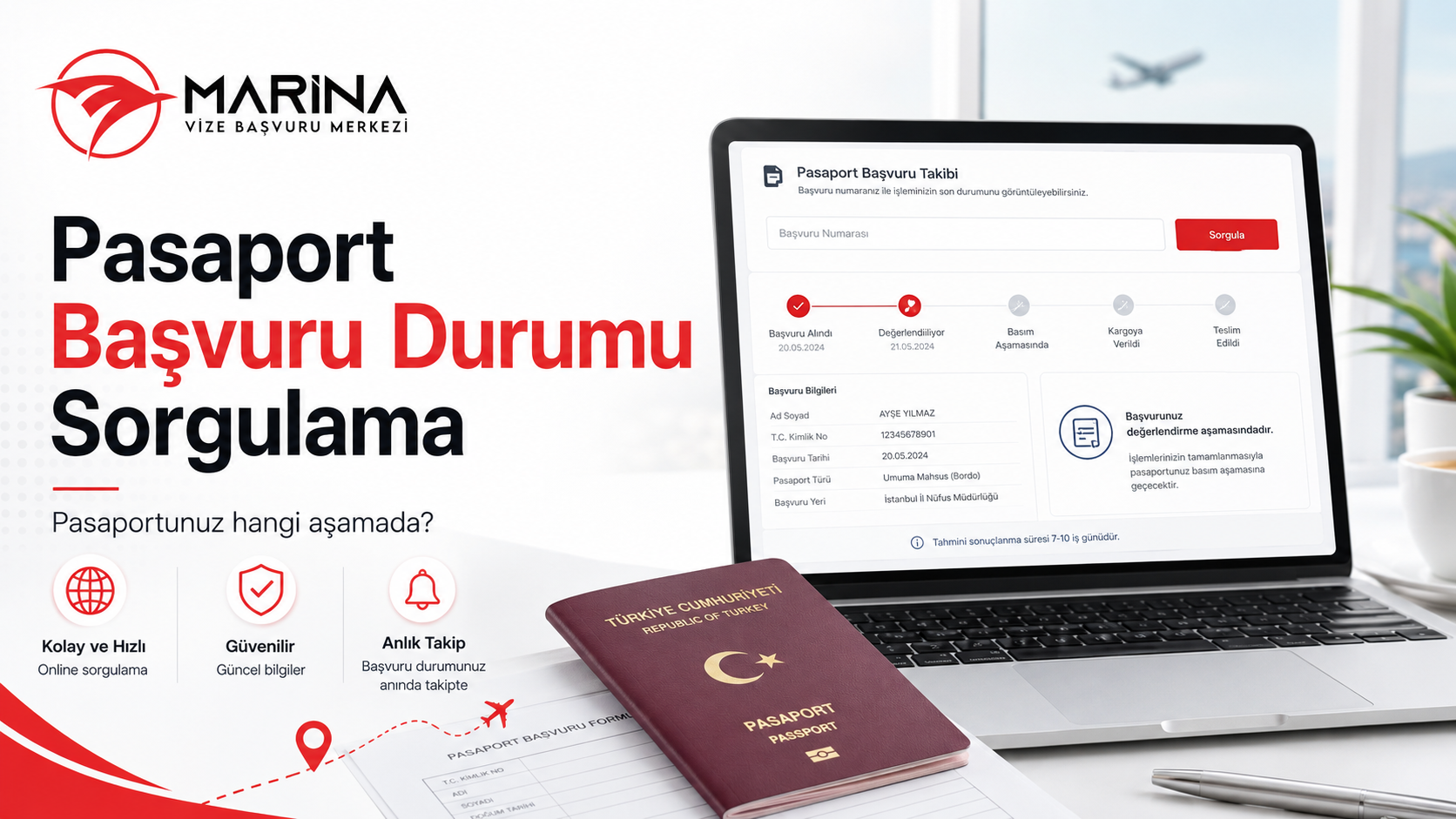 e-Devlet pasaport başvuru durumu sorgulama ekranı ve pasaport teslim süreci hakkında bilgilendirici ana sayfa görseli