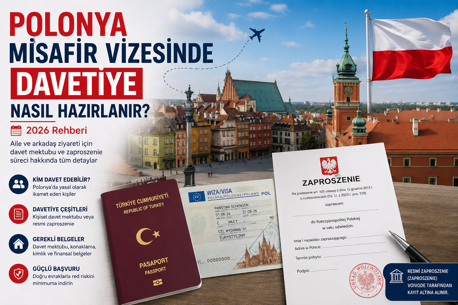 Polonya misafir vizesinde davetiye hazırlama sürecini anlatan, Polonya bayrağı, tarihi şehir manzarası, pasaport, Schengen vize etiketi ve zaproszenie davetiye belgesi içeren ana sayfa görseli