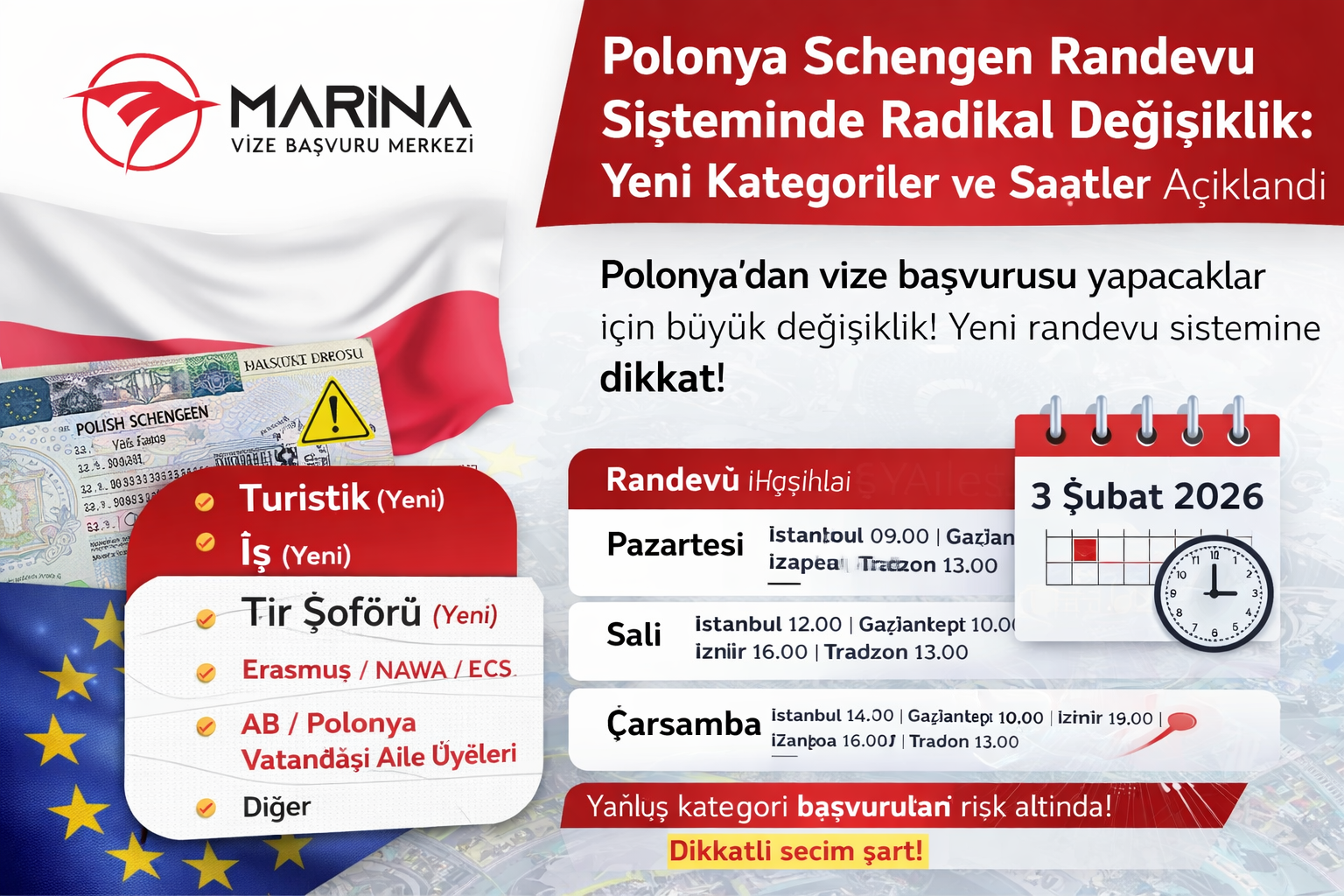 Polonya Schengen vizesi için 3 Şubat 2026 itibarıyla yürürlüğe giren yeni randevu kategorileri ve şehir bazlı randevu saatleri duyurusu