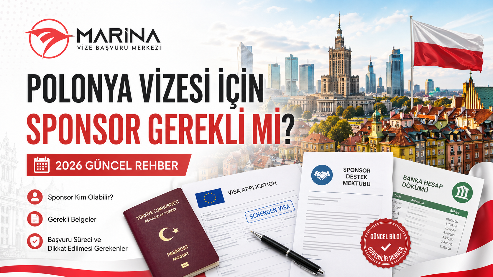Polonya vizesi için sponsor gerekliliğini anlatan, Varşova şehir manzarası, Polonya bayrağı, Schengen başvuru formu, sponsor destek mektubu, banka hesap dökümü