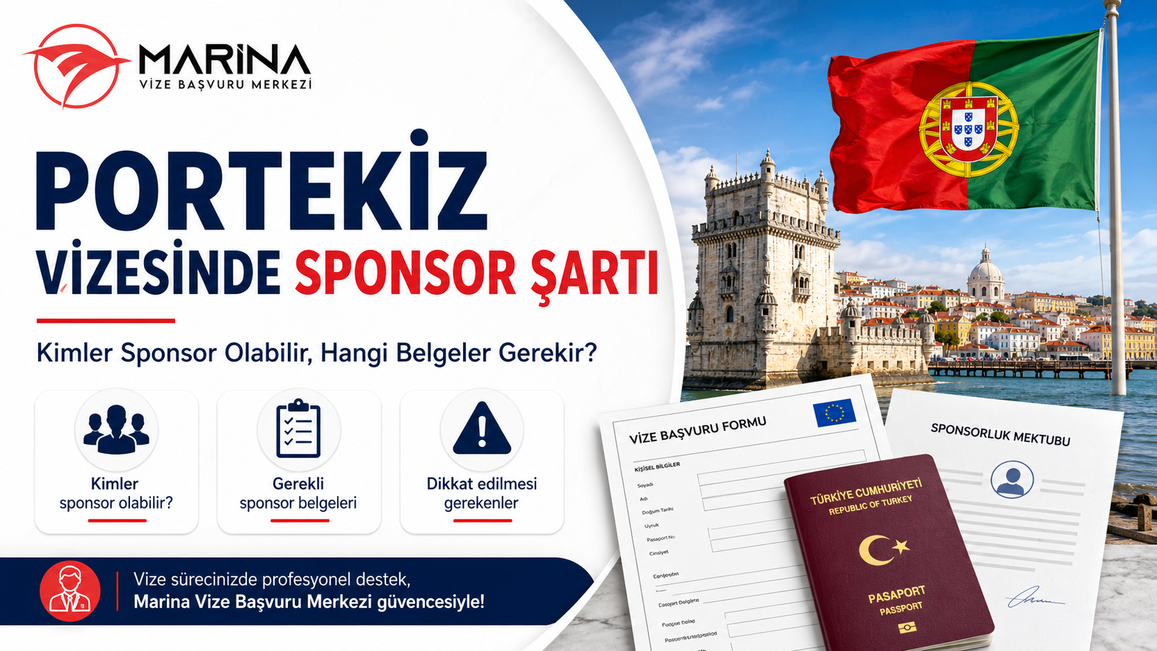 Portekiz vizesinde sponsor şartı, sponsor olabilecek kişiler, gerekli sponsor belgeleri, vize başvuru formu ve sponsorluk mektubunu gösteren Marina Vize Başvuru Merkezi kapak görseli.
