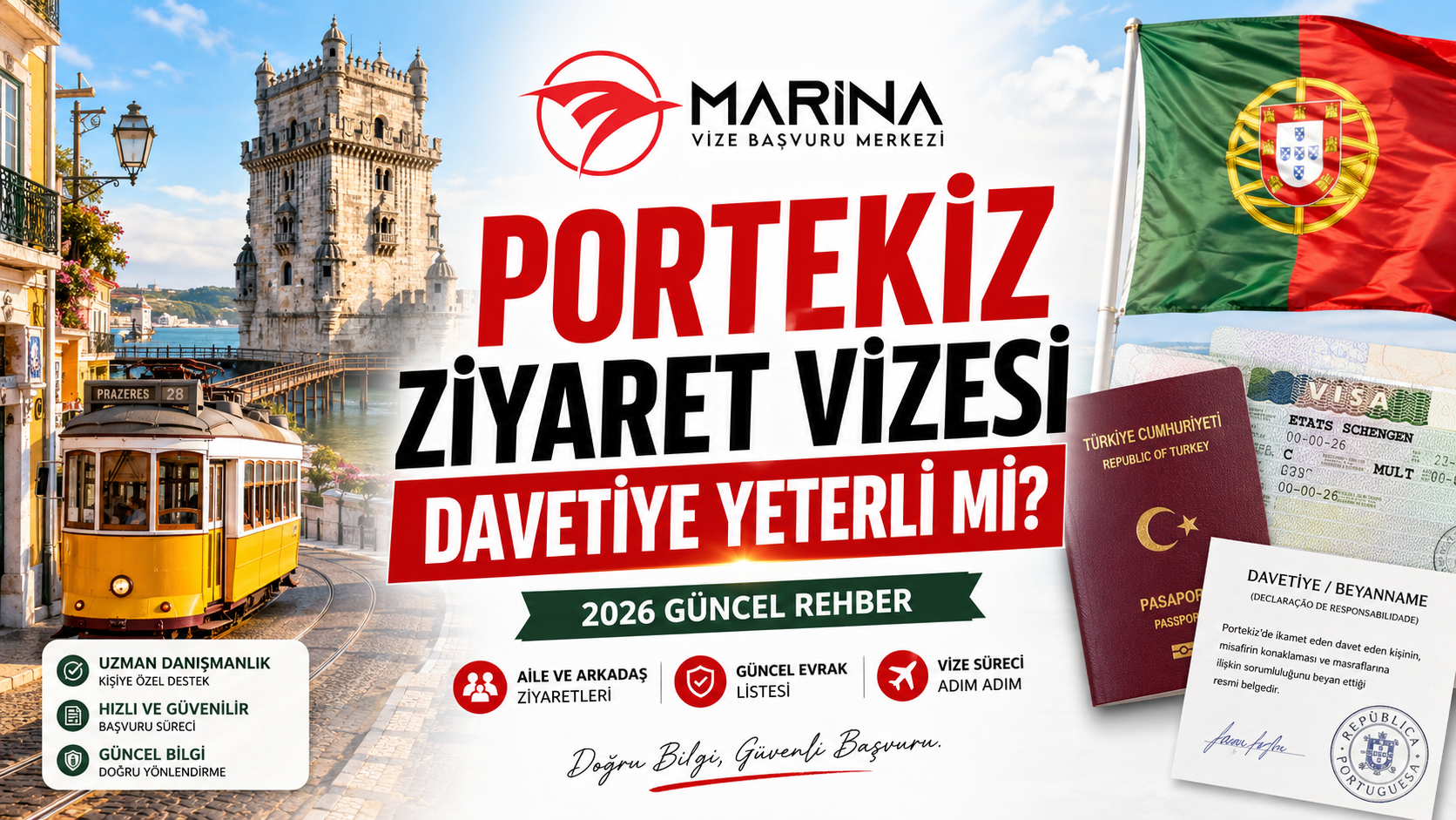 Portekiz ziyaret vizesinde davet mektubu ve sorumluluk beyanı sürecini anlatan, Lizbon tramvayı, Belem Kulesi, Portekiz bayrağı, pasaport ve Schengen vize etiketi içeren ana sayfa görseli