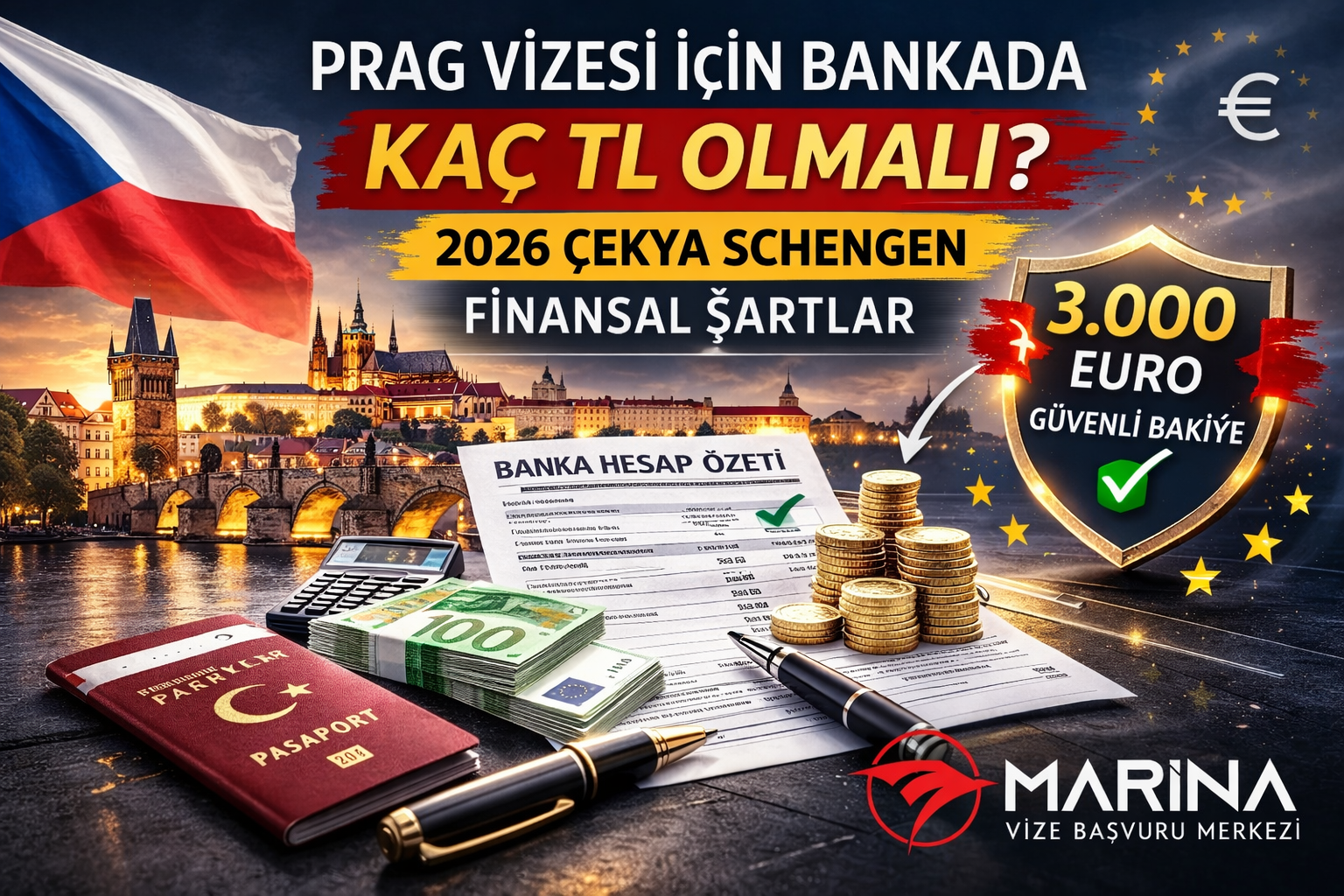 Prag vizesi başvurusu için 2026 Çekya Schengen finansal şartları, günlük 100 Euro hesaplama ve 3.000 Euro güvenli bakiye vurgulu Marina Vize görseli