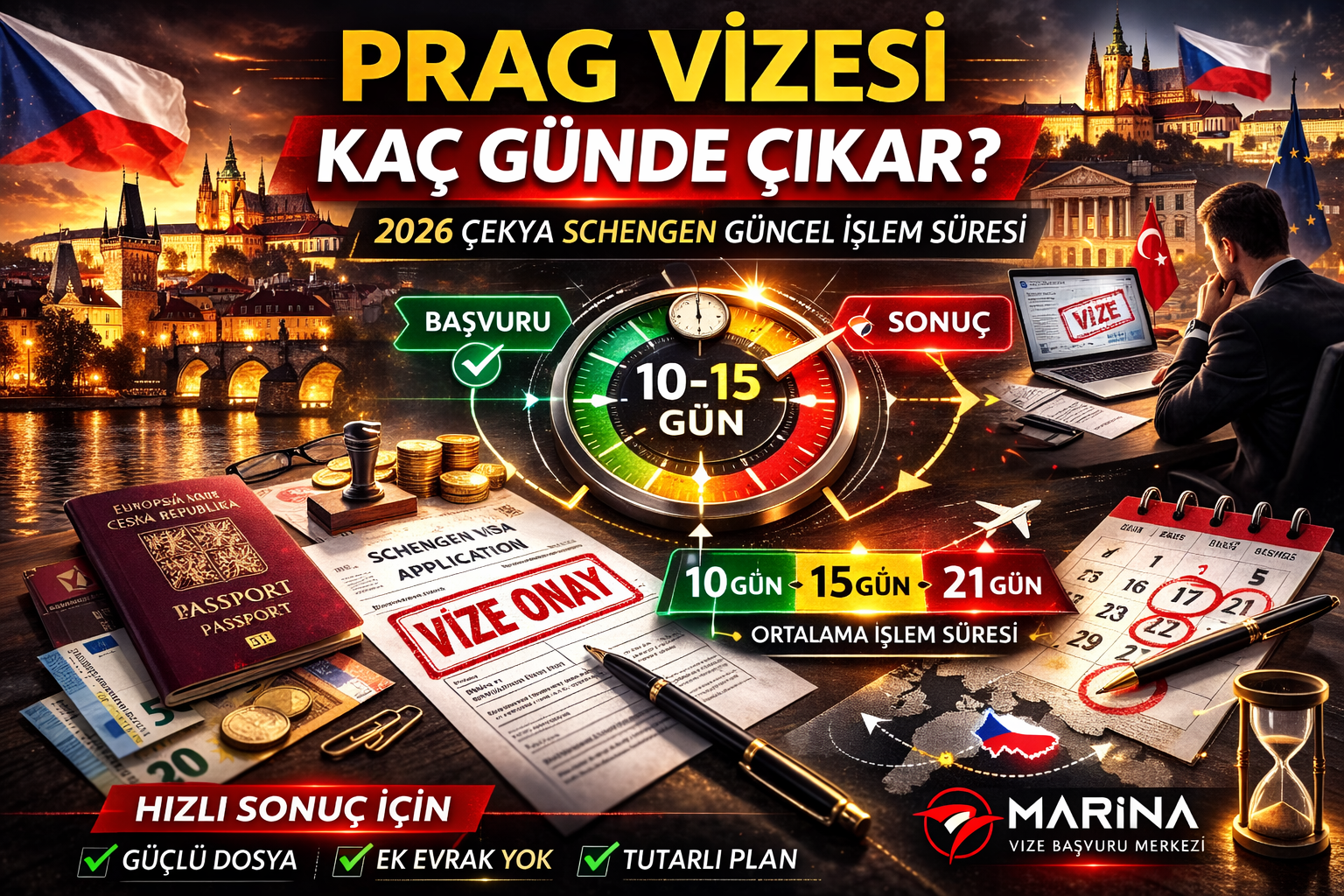 Prag vizesi 2026 işlem süresi, Çekya Schengen başvuru değerlendirme süresi ve ortalama sonuçlanma günleri hakkında bilgilendirici görsel