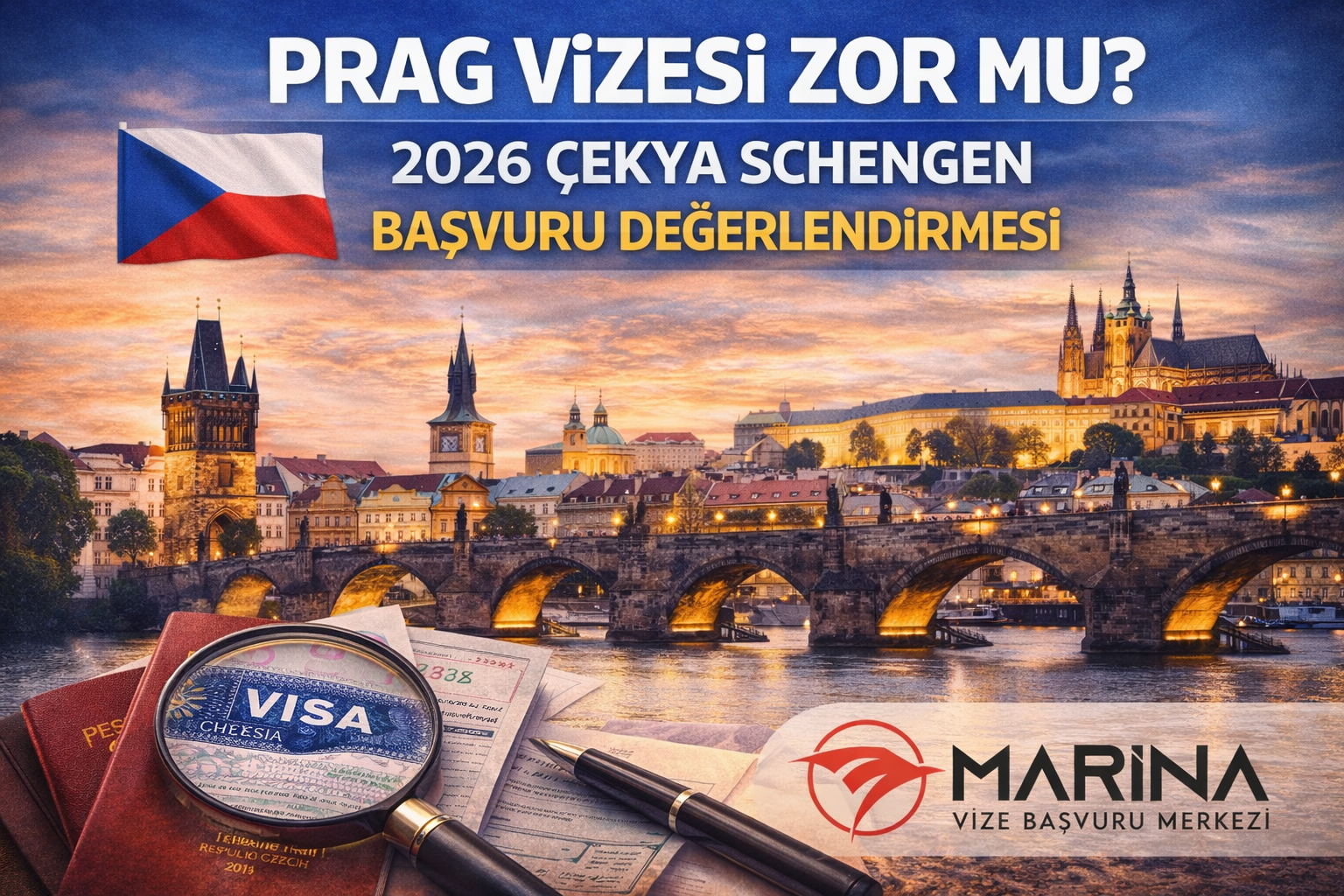 2026 Prag vizesi zor mu sorusuna yönelik Çekya Schengen başvuru süreci ve değerlendirme temalı Marina Vize görseli