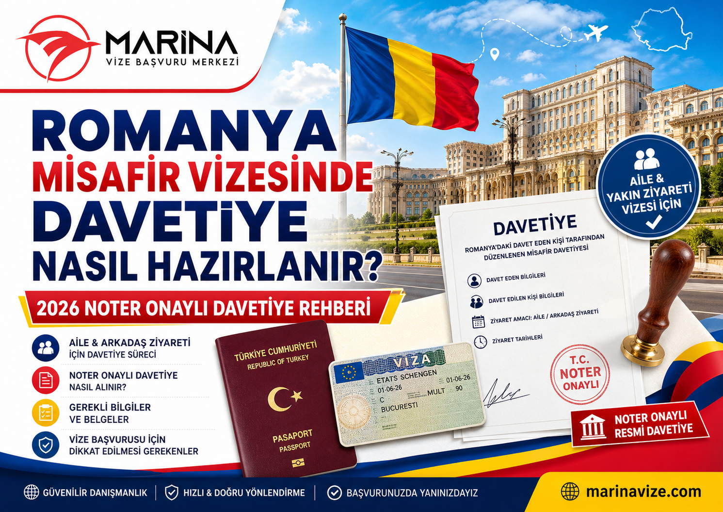 Romanya misafir vizesinde noter onaylı davetiye sürecini anlatan, Romanya bayrağı, Bükreş Parlamento Sarayı, pasaport, Schengen vize etiketi ve davetiye belgesi içeren ana sayfa görseli