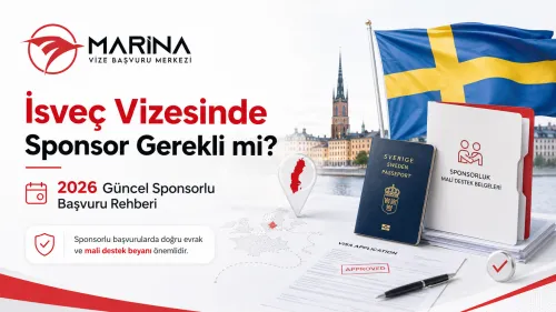 İsveç vizesinde sponsor gerekli mi sorusuna cevap veren, 2026 güncel sponsorlu başvuru şartları ve gerekli evrakları anlatan bilgilendirici Marina Vize görseli