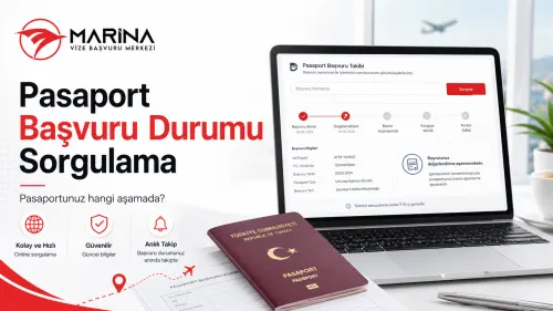 e-Devlet pasaport başvuru durumu sorgulama ekranı ve pasaport teslim süreci hakkında bilgilendirici ana sayfa görseli