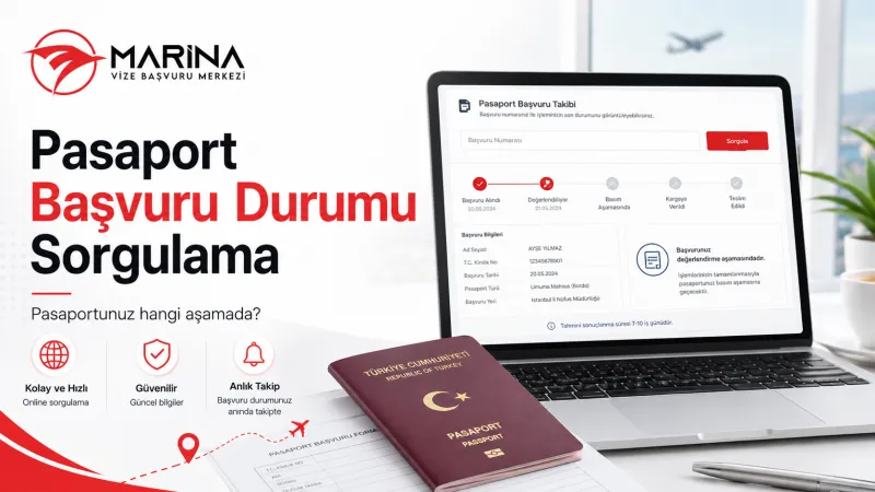 e-Devlet pasaport başvuru durumu sorgulama ekranı ve pasaport teslim süreci hakkında bilgilendirici ana sayfa görseli