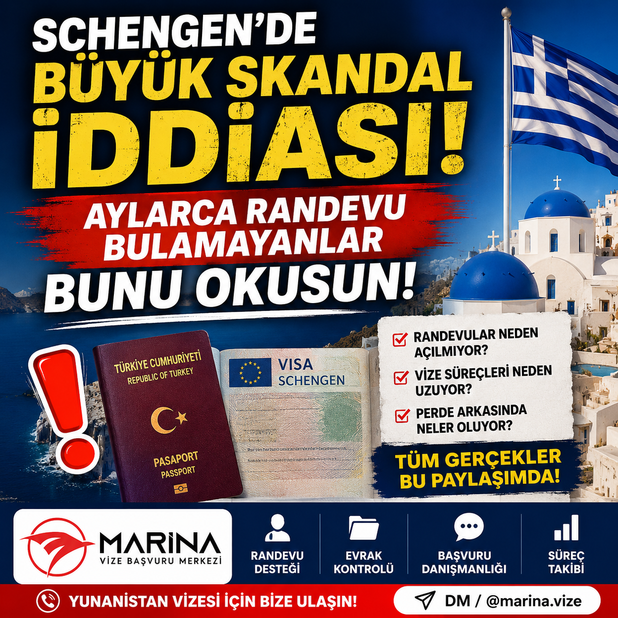 Schengen vize randevu krizinde aylarca randevu bulamayan başvuru sahiplerini, randevuların neden açılmadığına dair iddiaları, uzayan vize süreçlerini ve perde arkasındaki gelişmeleri anlatan Marina Vize Başvuru Merkezi kapak görseli.