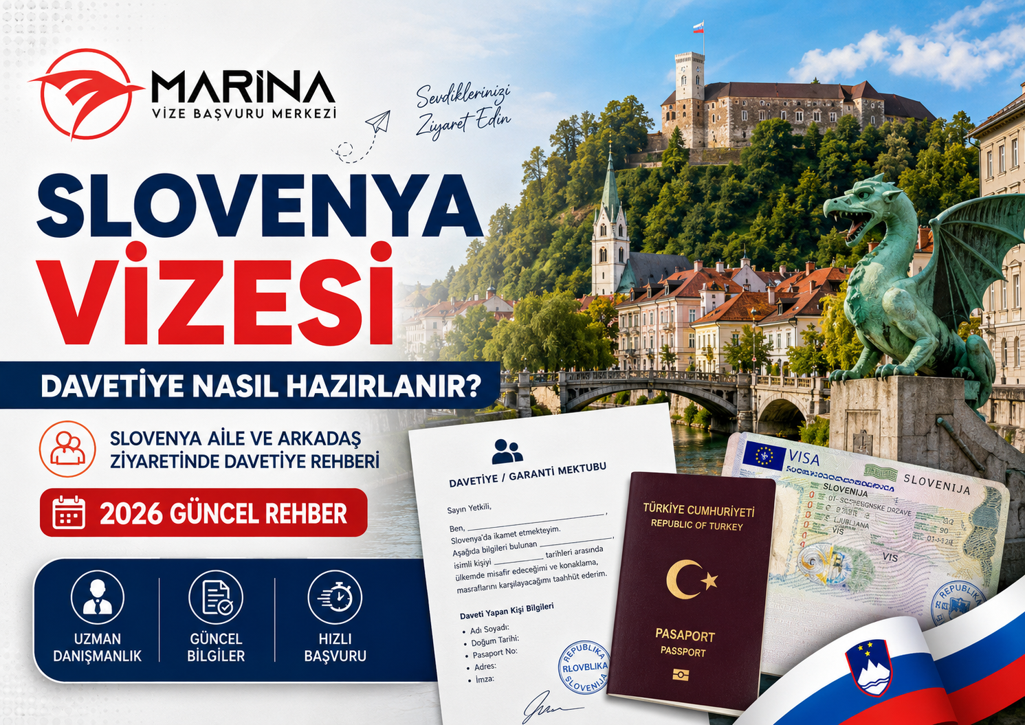 Slovenya misafir vizesi için davet mektubu, garanti mektubu, pasaport, Schengen vize etiketi, gerekli belgeler listesi ve Slovenya göl manzarası ile hazırlanmış iç sayfa görseli