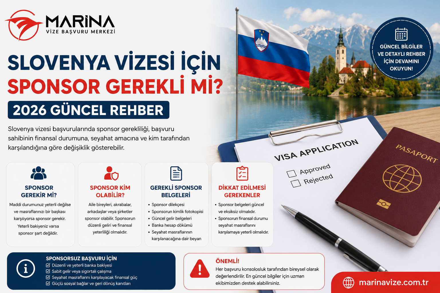Slovenya vizesi başvurularında sponsor gerekliliği, sponsor olabilecek kişiler, gerekli sponsor belgeleri ve dikkat edilmesi gerekenleri anlatan Marina Vize Başvuru Merkezi kapak görseli.