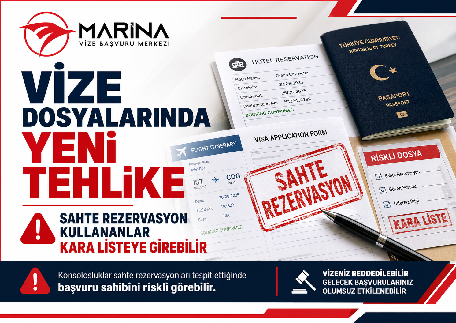 Vize başvurularında sahte otel, uçak ve tur rezervasyonu kullanımının ret, güven sorunu ve kara liste riski oluşturabileceğini anlatan Marina Vize Başvuru Merkezi kapak görseli.