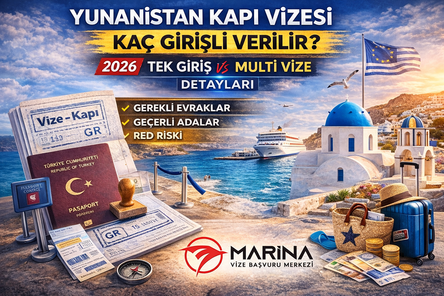 2026 Yunanistan kapı vizesi ile gidilebilen adalar, feribot geçişi ve kısa süreli ada tatili hakkında bilgilendirici görsel
